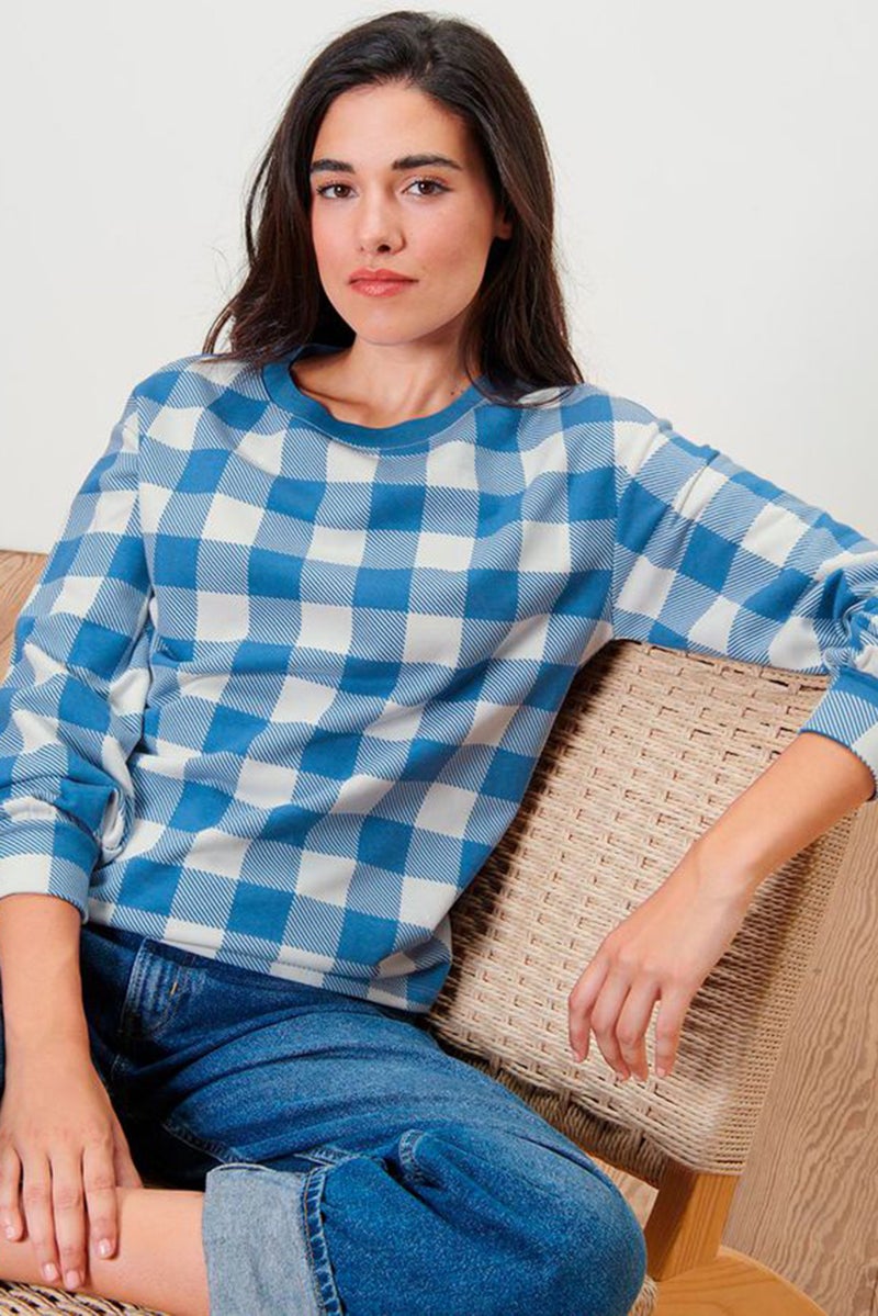 Tchibo Women Crew Neck Checkered Long Sleeve Sweatshirts, Blue/White  - Image 1