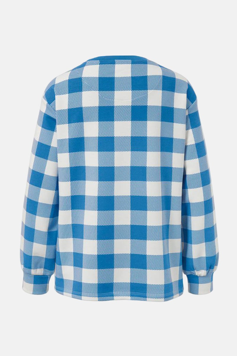 Tchibo Women Crew Neck Checkered Long Sleeve Sweatshirts, Blue/White  - Image 3
