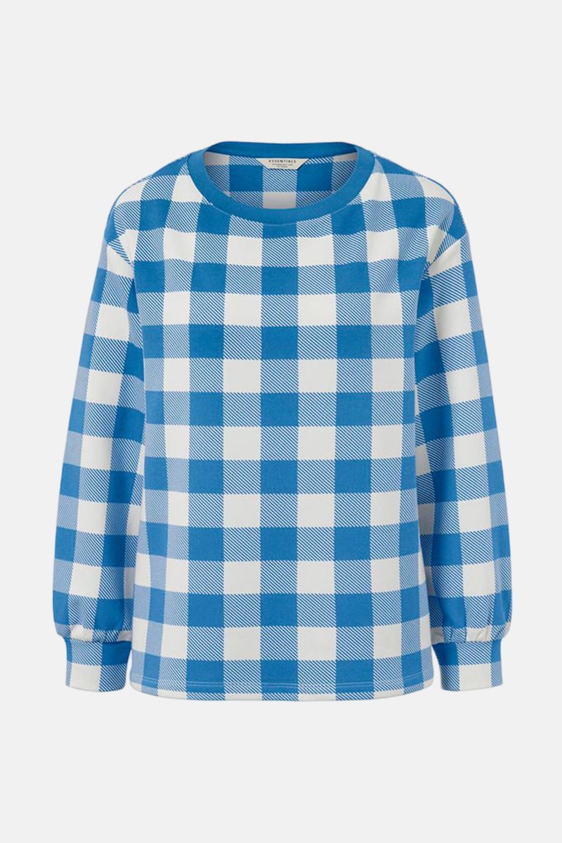 Tchibo Women Crew Neck Checkered Long Sleeve Sweatshirts, Blue/White  - Image 2