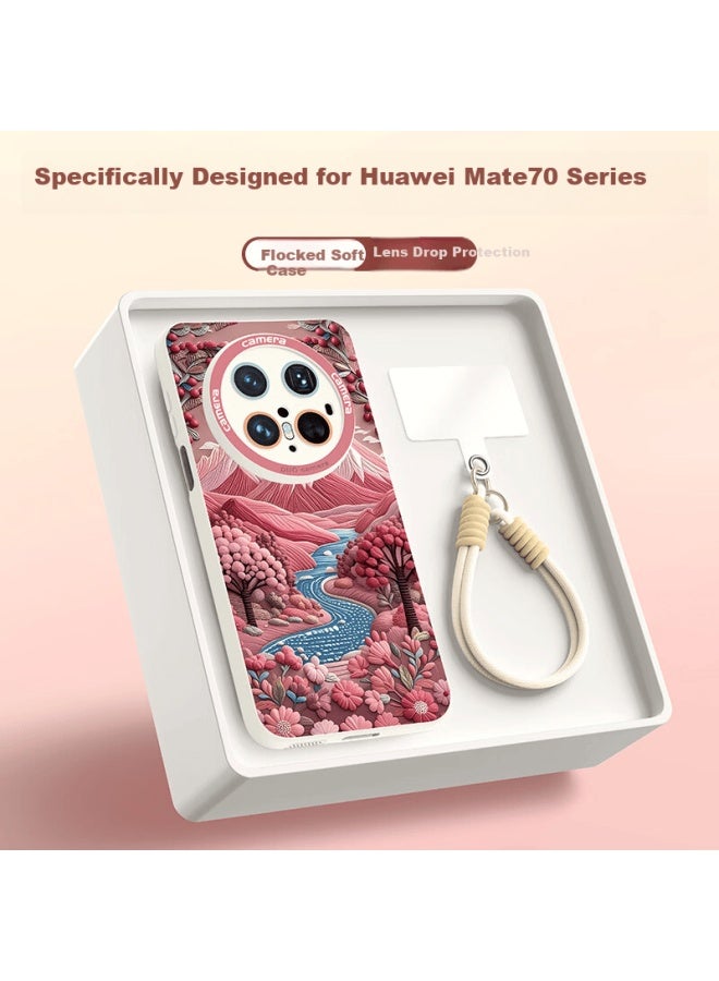 Xp Compatible Huawei Mate70 Pro Full-coverage Lens Case Mate70 Pro Shockproof Cooling Silicone Soft Protective Shell With Lanyard For Men And Women - Antique White Mountain And Flower Pattern - Image 1