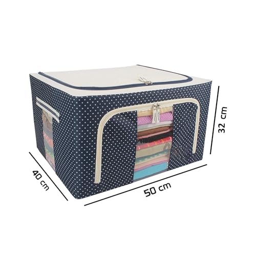 HAKKU 66 LTR Foldable Steel Frame Cloths Zip Organizer Bag and Oxford Fabric Storage Living Cover Boxes For Wardrobe Shelves Clothes, Sarees, Bed Sheet, Blanket (Blue Polka, 66 Ltr - Pack of 1) - Image 2