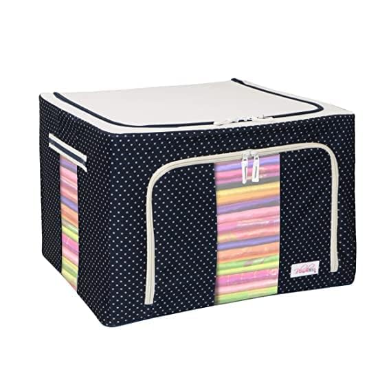 HAKKU 66 LTR Foldable Steel Frame Cloths Zip Organizer Bag and Oxford Fabric Storage Living Cover Boxes For Wardrobe Shelves Clothes, Sarees, Bed Sheet, Blanket (Blue Polka, 66 Ltr - Pack of 1) - Image 1