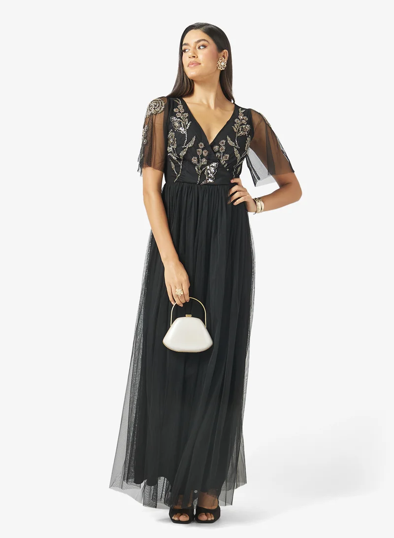 Maya BLACK Ruffle V Neck Maxi Dress for Women | Best Price UAE
