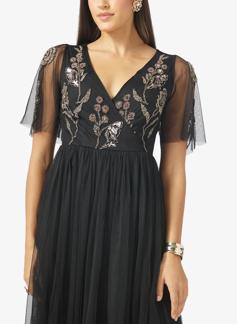 Maya BLACK Ruffle V Neck Maxi Dress for Women | Best Price UAE
