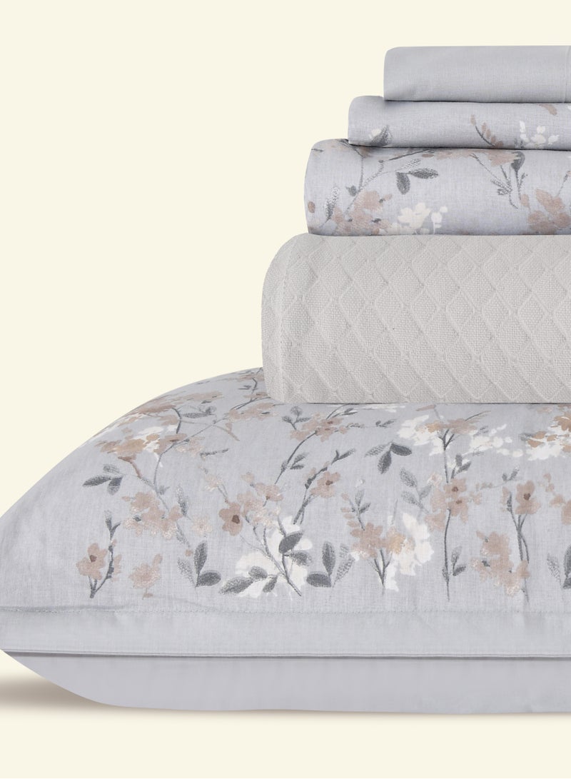 Morano Bedding Set Of 5, Harmony Pique 100% Cotton Fabric Includes, Bedsheet, Pillowcases and Long Pillowcase 240x260 Cm (Bloom-Greige) - Image 2