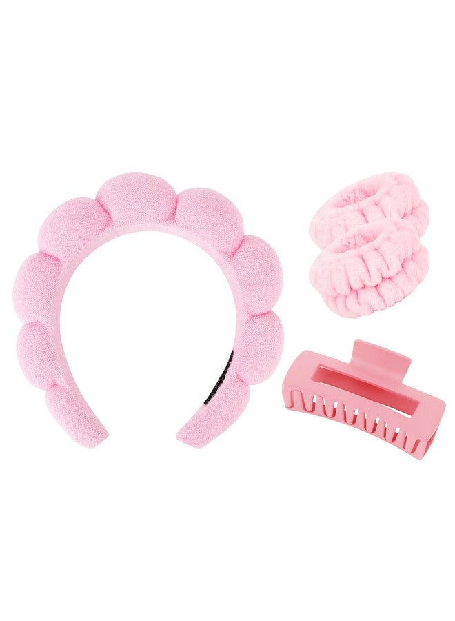 Wecoe Spa Headband Set Skincare Headband Hair Clips Pink Puffy Makeup Headband Scrunchies And Wrist Towels For Women And Girls - Image 1