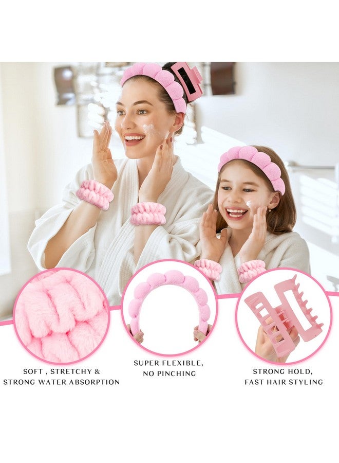 Wecoe Spa Headband Set Skincare Headband Hair Clips Pink Puffy Makeup Headband Scrunchies And Wrist Towels For Women And Girls - Image 3
