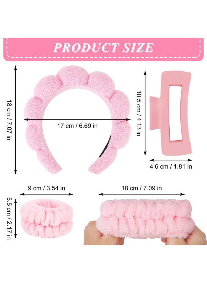 Wecoe Spa Headband Set Skincare Headband Hair Clips Pink Puffy Makeup Headband Scrunchies And Wrist Towels For Women And Girls - Image 5