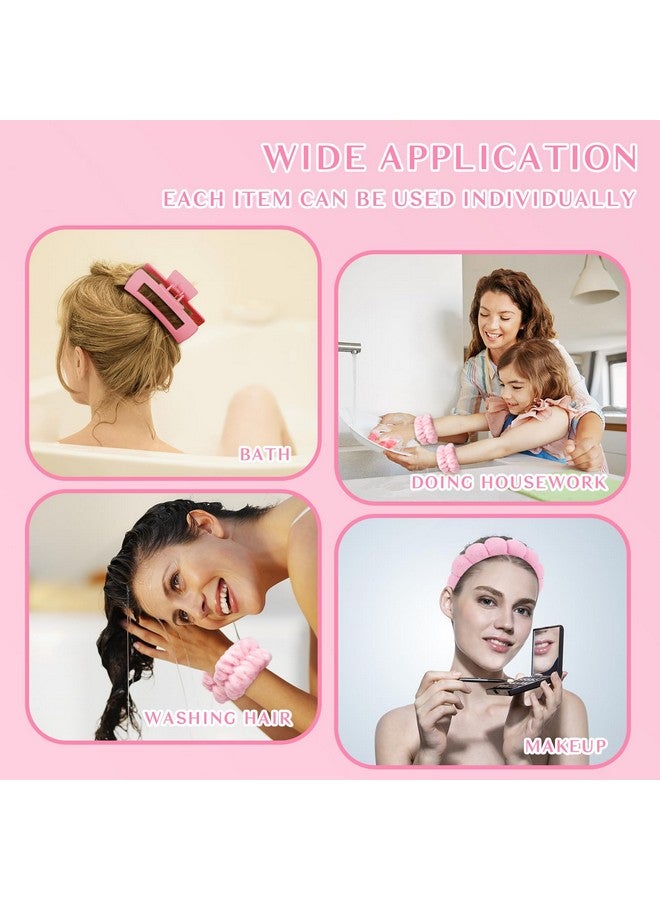 Wecoe Spa Headband Set Skincare Headband Hair Clips Pink Puffy Makeup Headband Scrunchies And Wrist Towels For Women And Girls - Image 4