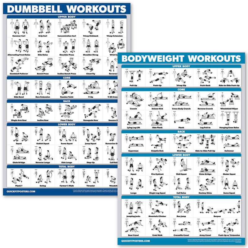 Palace Learning Dumbbell Workouts and Bodyweight Exercise Poster Set - LAMINATED 2 Chart Set - Dumbbell Exercise Routine & Body Weight Workouts (18" x 24") - Image 1