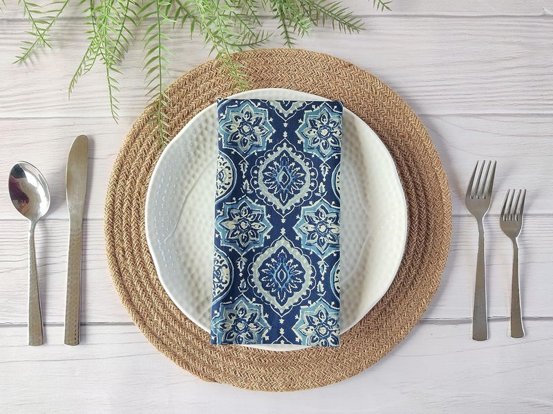 AVKA Studio Thin Washable Cotton Napkin 18x18 inches  Lightweight Cloth Dinner Napkins Set of 6  Everyday Use or Dinner Party and Events  Blue and Green Floral Indian Block Print Soft Fabric by Craftbot - Image 2