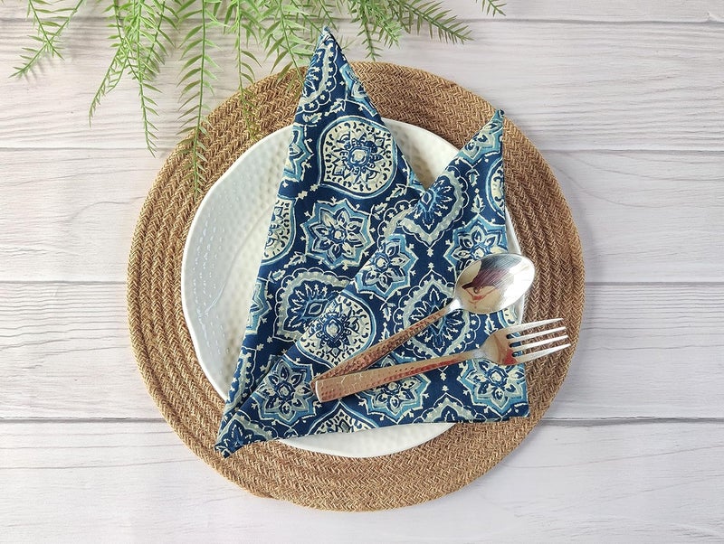 AVKA Studio Thin Washable Cotton Napkin 18x18 inches  Lightweight Cloth Dinner Napkins Set of 6  Everyday Use or Dinner Party and Events  Blue and Green Floral Indian Block Print Soft Fabric by Craftbot - Image 3