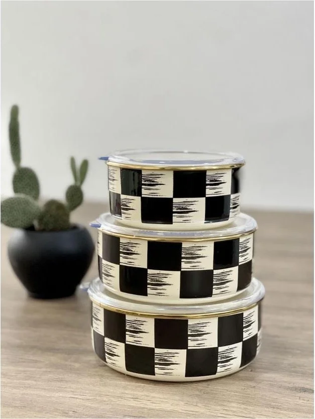 Acar Kitchen Beyond Checkerboard Pattern Black-Cream Enamel 3-Piece Storage Container 0517