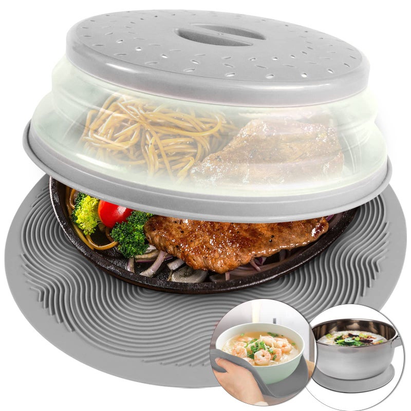 2 In 1 Aidacom Microwave Mat Food Cover 12 Mat as Bowl Holder Cover for Splatter Guard Multiuse Silicone Trivet Pot Holders Drying Baking Placemat Utensils Rest for Kitchen Counter Grey