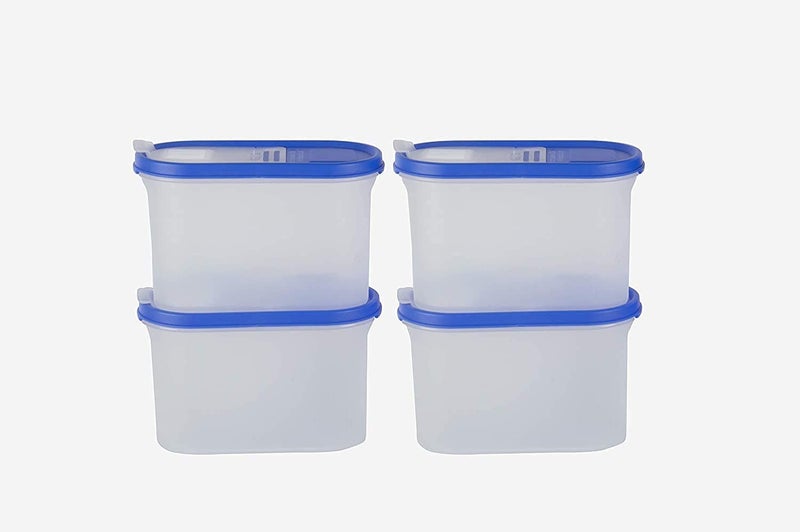 SIMPARTE Plastic FlipTop Modular Dispenser Containers Oval with Lid for Kitchen Storage Plastic Container Rice Snacks 1200 ml Blue Lids Set of 4 - Image 2