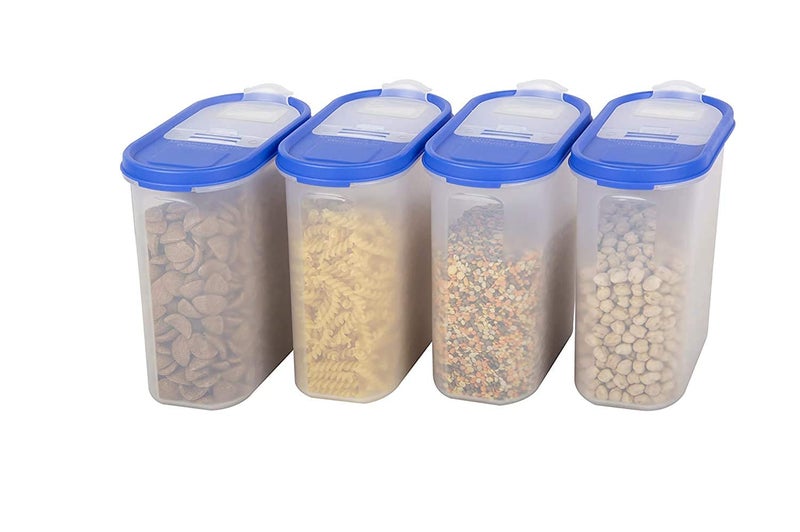 SIMPARTE Plastic FlipTop Modular Dispenser Containers Oval with Lid for Kitchen Storage Plastic Container Rice Snacks 1200 ml Blue Lids Set of 4 - Image 1