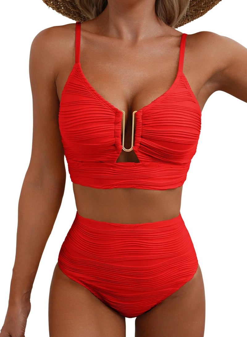Herseas Women Swimsuits 2 Piece U-Wired Push up Ribbed Ruched High Rise Bikini Sets Longline Modest Solid Tankini Swim Suit Modest Cruise Essentials 2026 Summer Red Large - Image 1