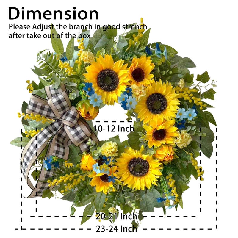 WANNA-CUL 24 Inch Spring Wreaths for Front Door with Yellow Sunflowers,Summer Door Wreaths with Daisy and Linen Ribbon,Valentines Day Wreath,Mothers Day Wreath for Wall or Home Decoration - Image 3