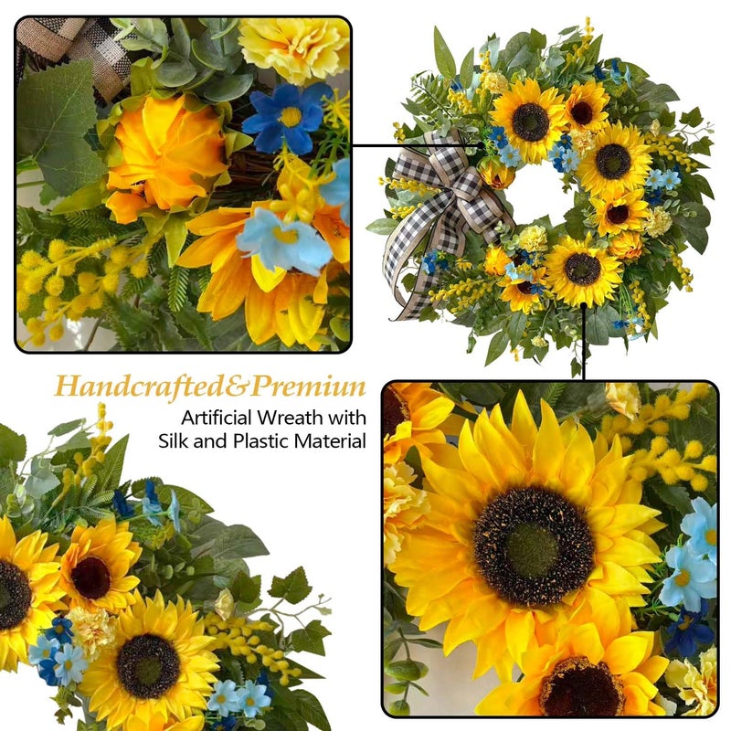 WANNA-CUL 24 Inch Spring Wreaths for Front Door with Yellow Sunflowers,Summer Door Wreaths with Daisy and Linen Ribbon,Valentines Day Wreath,Mothers Day Wreath for Wall or Home Decoration - Image 5