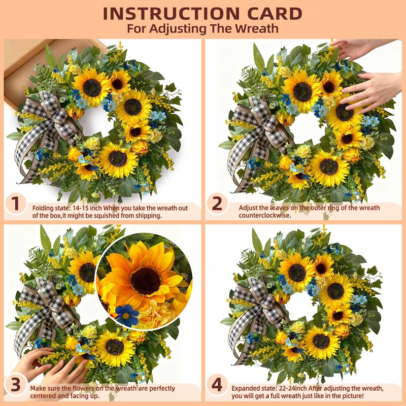 WANNA-CUL 24 Inch Spring Wreaths for Front Door with Yellow Sunflowers,Summer Door Wreaths with Daisy and Linen Ribbon,Valentines Day Wreath,Mothers Day Wreath for Wall or Home Decoration - Image 4