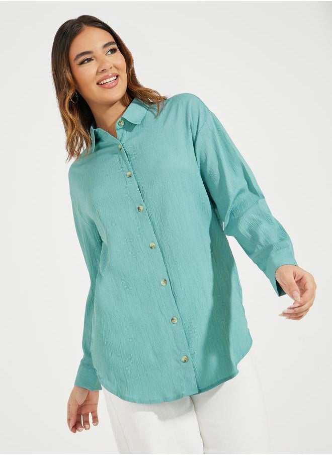 Styli Oversized Textured Longline Shirt with Buttons  - Image 1