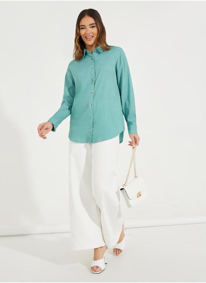 Styli Oversized Textured Longline Shirt with Buttons  - Image 2