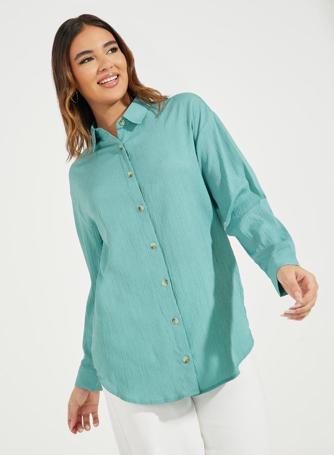 Styli Oversized Textured Longline Shirt with Buttons - Image 1