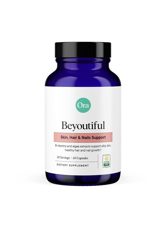 Ora Organic دعم الشعر والبشرة والأظافر - بي يوتيفول - مكمل جمالي مع فيتامينات ب والبيوتين لشعر صحي، النياسين لصحة البشرة - 60 كبسولة نباتية - Image 1