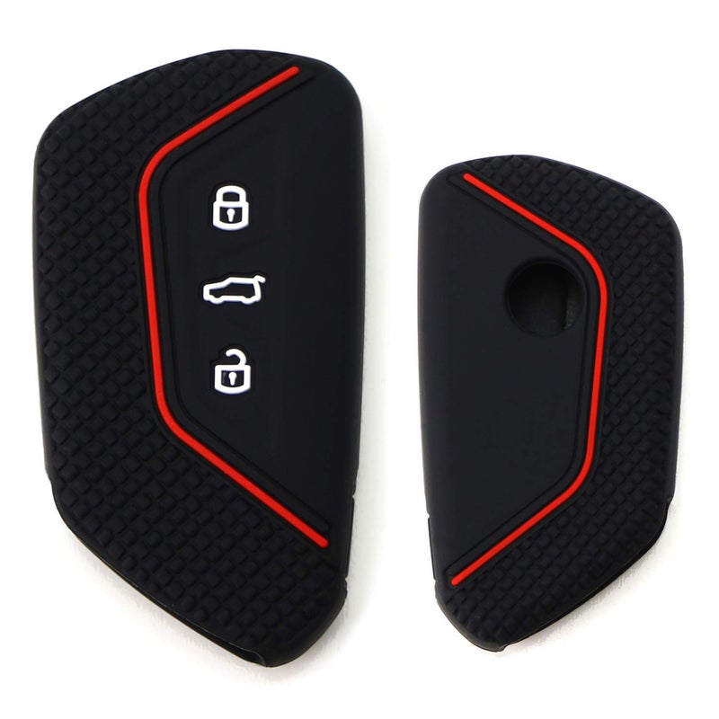 iJDMTOY iJDMTOY Black Soft Silicone Key Fob Cover w/Red Stripe Compatible with Volkswagen MK8 Golf/GTI, Skoda Octavia with 3/4/5-Button Smart Key - Image 1