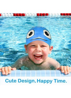 MoKo Swimming Cap For Kids Cute Waterproof Soft Silicone Swim Cap Cartoon Style High Elastic Swimming Hat For Boys & Girls Bathing Cap For Children Blue Fish  - Image 3