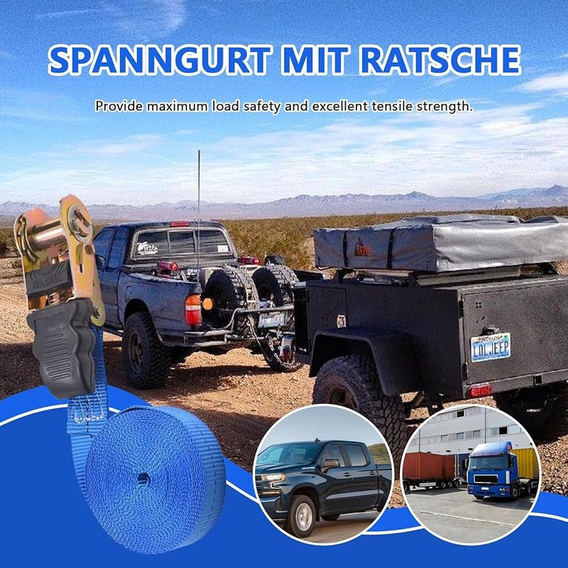 5 أمتار أربطة ربط زرقاء ذات آلية مسننة، مجموعة ربط قوية للمركبات، نظام تأمين حمولة محمول - Image 4