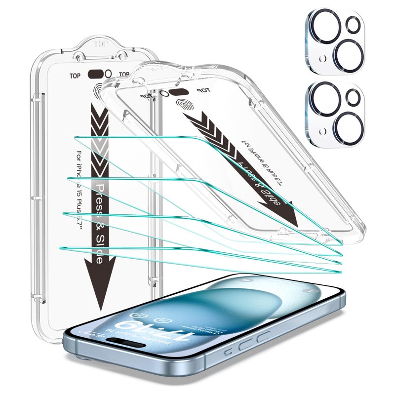 EZ-GLAZ- 4 Pack for iPhone 15 Plus Screen Protector [6.7"] With 2 Pack Camera Lens Protector, 9H+ Hardness 12FT Military Grade Shatterproof Scratch Resistant Durable Tempered Glass Film with Flawless Fit Kit, HD Clear - Image 1