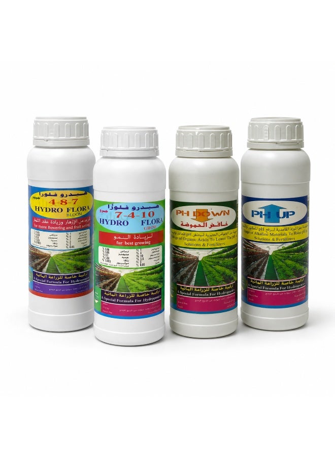 Bathurat Hydroponic Nutrient Kit for Grow Bloom and pH Control, HydroFlora Grow, HydroFlora Bloom, pH Up and pH Down, 4 x 1 Liter - Image 1