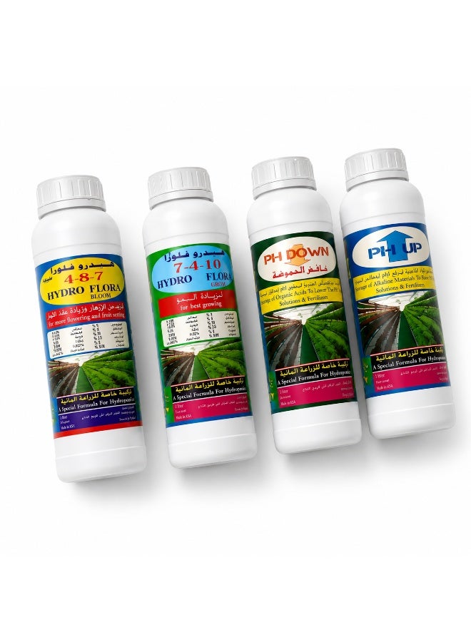 Bathurat Hydroponic Nutrient Kit for Grow Bloom and pH Control, HydroFlora Grow, HydroFlora Bloom, pH Up and pH Down, 4 x 1 Liter - Image 2