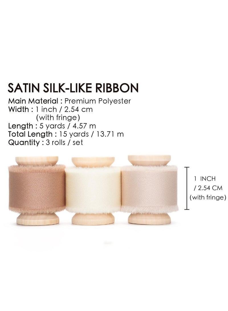 XiuWoo 3 rolls Silk Satin Ribbon Wooden Spool Champagne & Nude Handmade Frayed Ribbon for Gift Wrapping Wedding Bridal Bouquets Holiday Decor Light Brown, satin, 4cm*4.5m  - Image 2