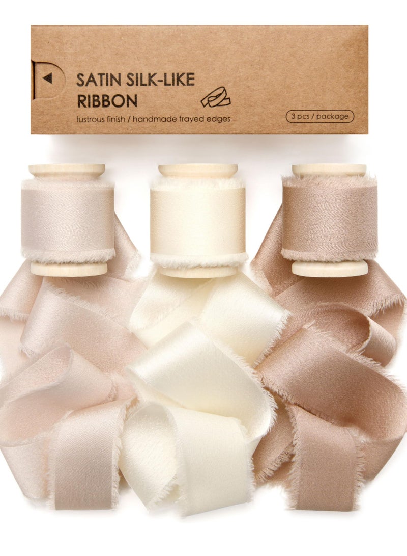 XiuWoo 3 rolls Silk Satin Ribbon Wooden Spool Champagne & Nude Handmade Frayed Ribbon for Gift Wrapping Wedding Bridal Bouquets Holiday Decor Light Brown, satin, 4cm*4.5m  - Image 1