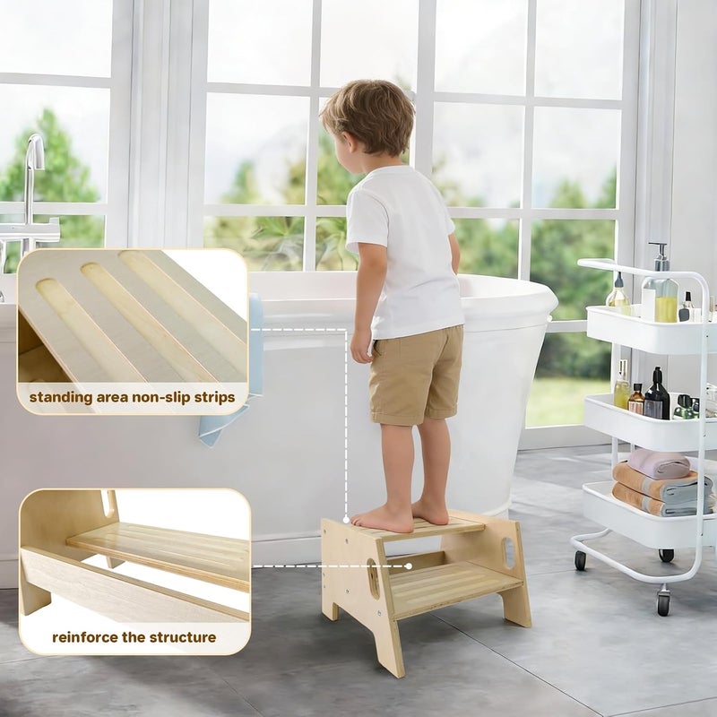 Asweets Toddler Step Stool with Handles, Wooden 2-Step Stool for Toddlers for Bathroom Sink, Potty Training, Kitchen & Bedroom 300lbs Capacity(2 Pack) - Image 2