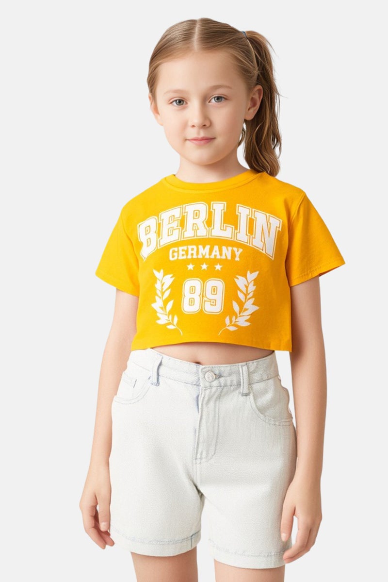 Bershka تي شيرت بنات للأطفال بأكمام قصيرة وياقة دائرية، أصفر - Image 1