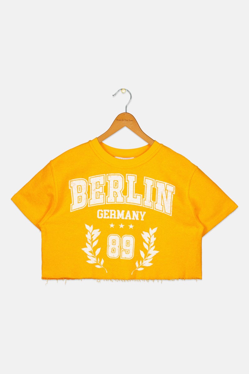 Bershka تي شيرت بنات للأطفال بأكمام قصيرة وياقة دائرية، أصفر - Image 2