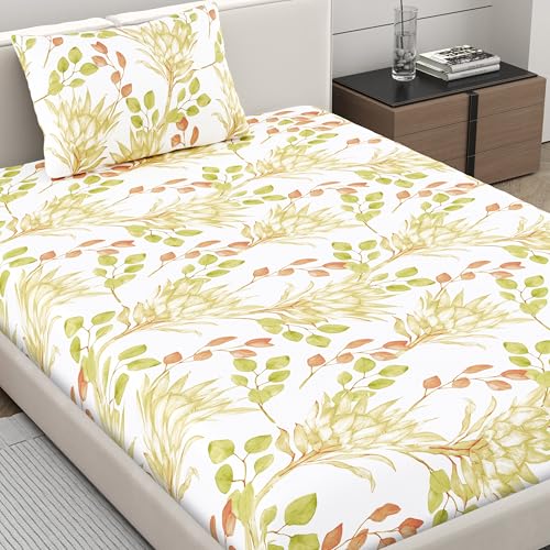 Home Ecstasy 140 TC 100% Cotton Single Floral Bedsheet with 1 Pillow Cover - (Size 59 x 87 inches, 140 TC, Colour - Multi: Tangerine) - Image 1