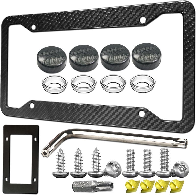ZXFOOG Carbon Fiber License Plate Frame- Real Carbon Fiber Cloth Wrap Stainless Steel Holder, Wide Edge Black Car Tag Cover with Anti Theft Screws Caps, 1 Pack 4 Hole - Image 1