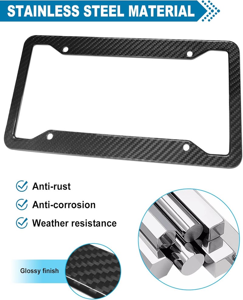 ZXFOOG Carbon Fiber License Plate Frame- Real Carbon Fiber Cloth Wrap Stainless Steel Holder, Wide Edge Black Car Tag Cover with Anti Theft Screws Caps, 1 Pack 4 Hole - Image 2