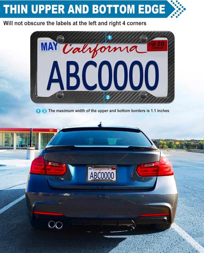 ZXFOOG Carbon Fiber License Plate Frame- Real Carbon Fiber Cloth Wrap Stainless Steel Holder, Wide Edge Black Car Tag Cover with Anti Theft Screws Caps, 1 Pack 4 Hole - Image 5