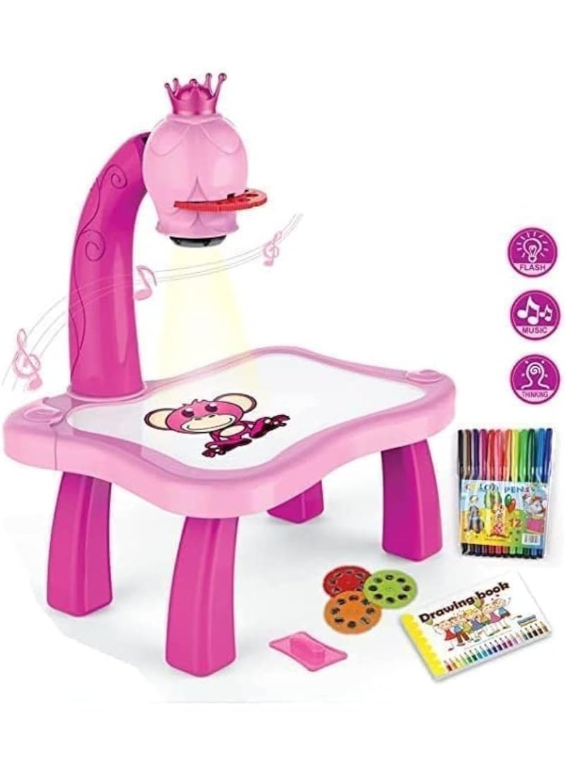 Drawing Projector Table for Kids Painting Table Toy Trace and Draw Projector Toy Painting Table Board Toy with Light & Music Educational Drawing Toys for Toddler Boys & Girls (Pink) - Image 1