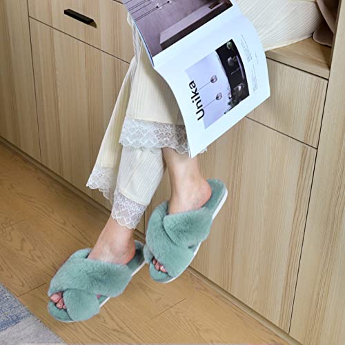 Parlovable Women's Fuzzy Slippers Comfy Cross Band House Shoes Memory Foam Open Toe Indoor Gifts for Ladies Turquoise 9-10 - Image 5