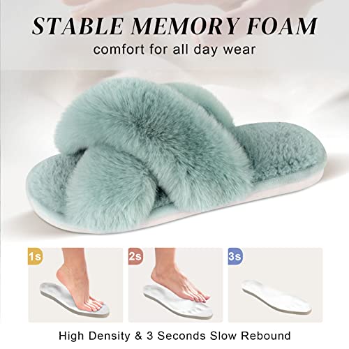 Parlovable Women's Fuzzy Slippers Comfy Cross Band House Shoes Memory Foam Open Toe Indoor Gifts for Ladies Turquoise 9-10 - Image 3
