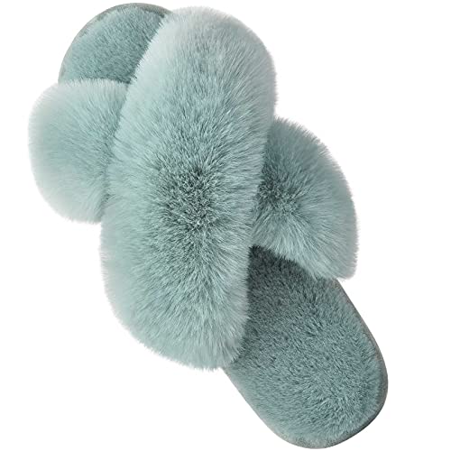 Parlovable Women's Fuzzy Slippers Comfy Cross Band House Shoes Memory Foam Open Toe Indoor Gifts for Ladies Turquoise 9-10 - Image 1