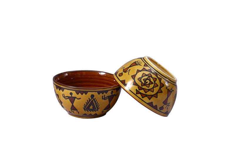 Caffeine Caffeine Ceramic Handmade Brown Mustard Romani Katori Bowls Set of 2