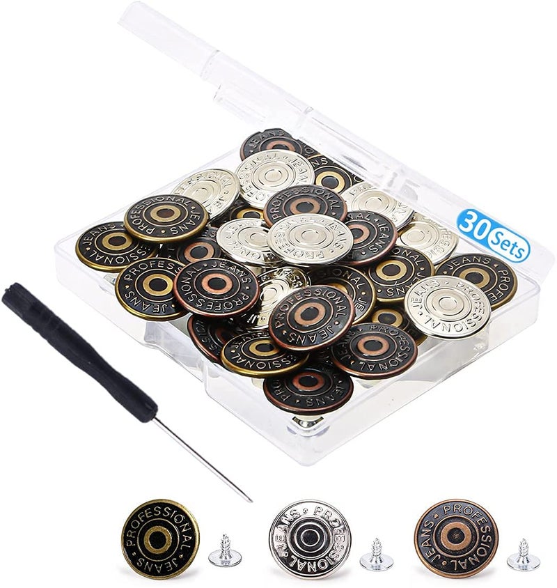 30 Sets Jeans Replacement Buttons 20mm Jean Buttons Replacement Kit with Rivets and Metal Base in Storage BoxBronzeSilverCopper
