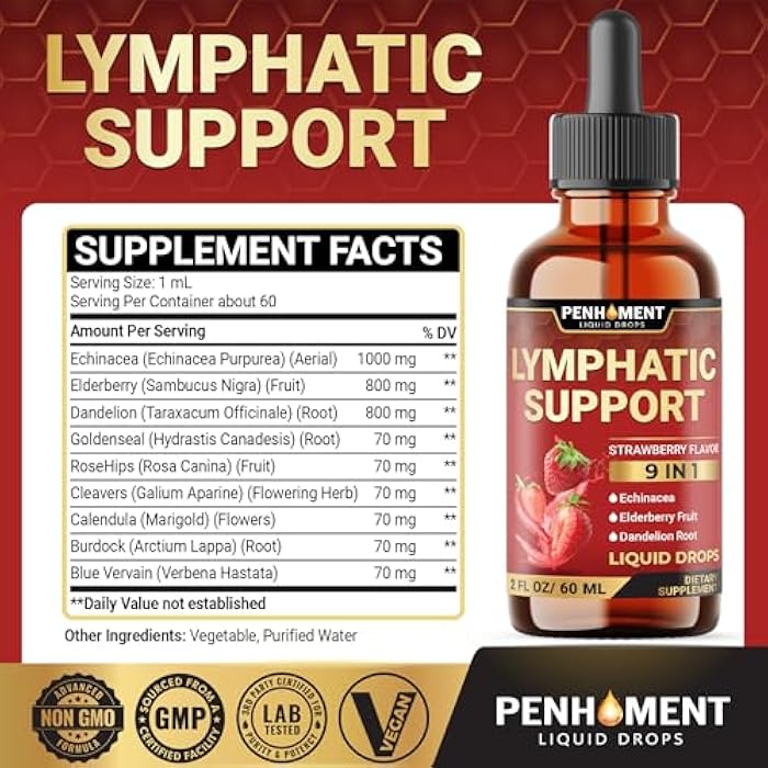 Penhoment 9in1 Lymphatic Drainage Drops Supplement - Echinacea | Elderberry | Dandelion | Rosehip | Cleavers | Calendula | Burdock - 2 Fl Oz - 60 Days - Image 2